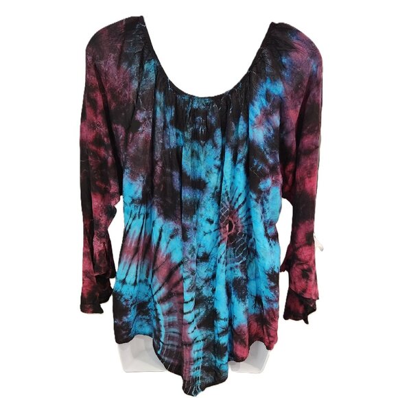 Gypsy Rose Peasant Top Tie Dye Bell Flutter 3/4 Sleeve Scoop Tie Neck Hippie Med - Picture 4 of 14